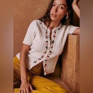 Sezane White Floral Embroidered Cardigan Ilena